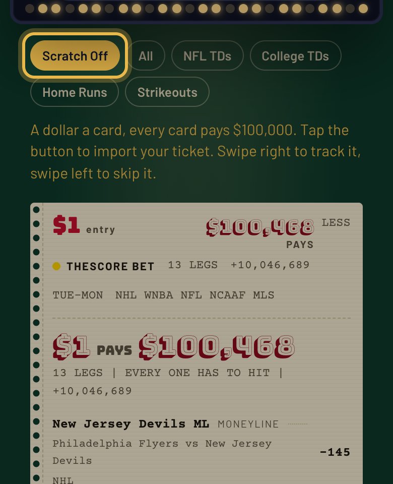 parlottoapp's tweet photo. Tip: Deal opens on Scratch Off, every card a $1 ticket to $100,000. Swipe right to track it, left to skip it, and the deck keeps coming. https://t.co/GZrwQZRgYs