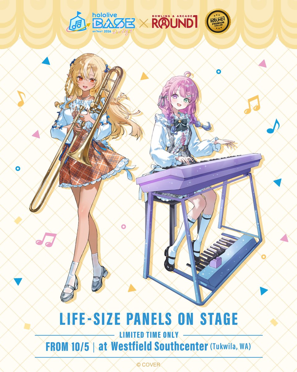 Round1USA's tweet photo. 7 stores. 7 duos. Life-size cutouts at Round1 USA 📸

Store 3 of 7:
Shiranui Flare &amp; Himemori Luna will be waiting for you at

Round1 Bowling &amp; Arcade Westfield Southcenter - Tukwila, WA from 10/5.

#Round1USA #holoR1 #hololiveBASE https://t.co/IpRf2wVUEN
