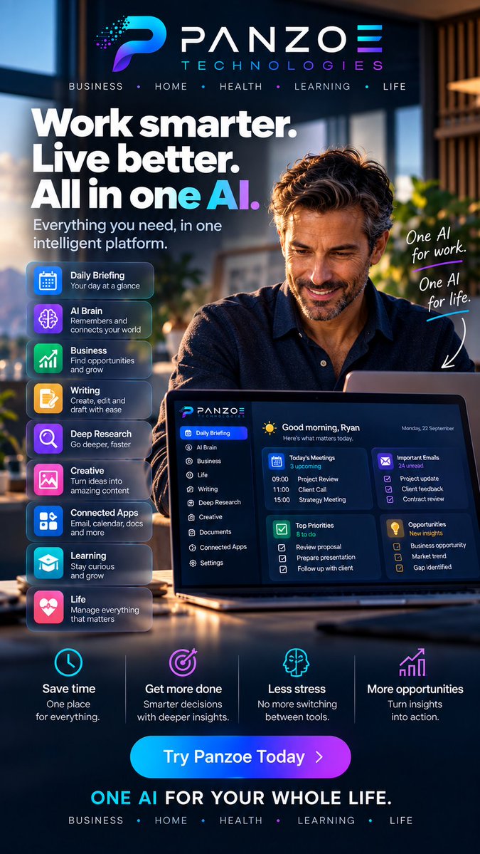 panzoeai's tweet photo. What if you didn’t need a different AI for every part of your life?

Panzoe brings it all together.

🧠 AI Brain — remembers and connects your world
☀️ Daily Briefing — start every day focused
📈 Business — uncover opportunities and get more done
✍️ Writing & Deep Research — create, analyse and explore
🎨 Creative — turn ideas into content
🔗 Connected Apps — bring your email, calendar, documents and more together
🎓 Learning & Life — AI that goes beyond work

One AI for work. One AI for life.

Stop jumping between tools. Start with one intelligent platform built around you.

🌐 Website:
https://t.co/6FpdJg4Xr7

🍎 Apple App Store:
https://t.co/6iw6j5bLvX

▶️ Google Play:
https://t.co/nUGj7SnB12

#Panzoe #ArtificialIntelligence #AI #AITools #Productivity #FutureOfWork #SaaS #WorkSmarter #ProductivityTools