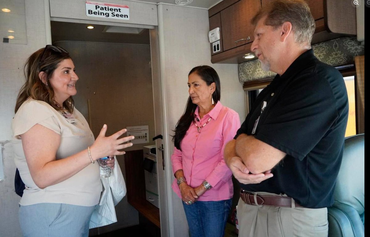 PresHealth's tweet photo. Thank you, Deb Haaland, for visiting Presbyterian Española Hospital. We appreciated the opportunity to discuss rural healthcare challenges and opportunities, and share how we're expanding access to care through mobile health centers, treatment services and local partnerships. https://t.co/TGwzRA46gH