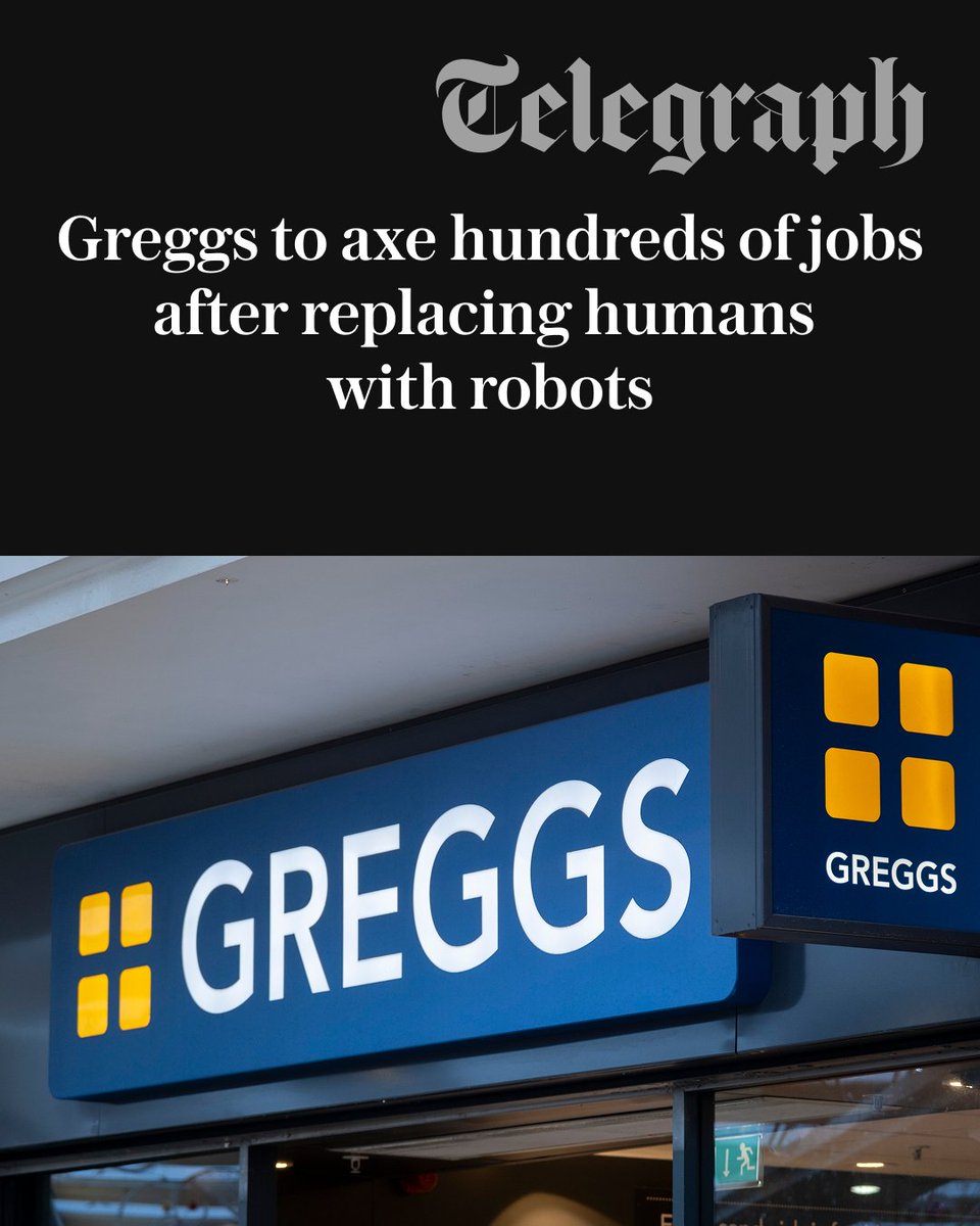Telegraph's tweet photo. The bakery chain said 740 jobs could go between now and 2028 as part of a plan to change where it makes its food.

Greggs will start installing more automated machinery instead of relying on its workforce at the sites, making the existing factories redundant.

🔗: https://t.co/w6BlPg4D0H
