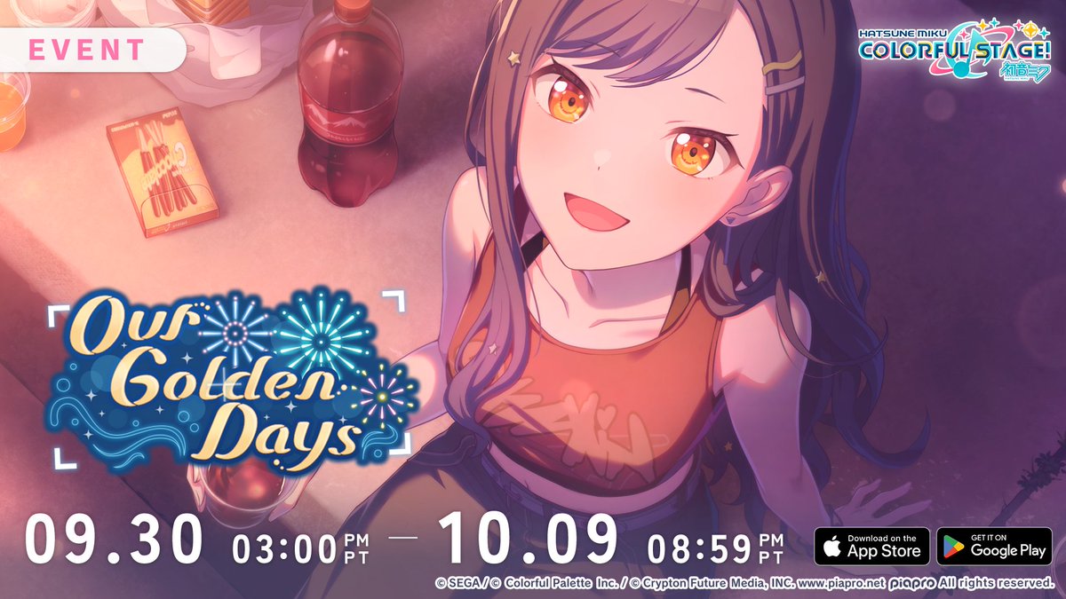 ColorfulStageEN's tweet photo. The "Our Golden Days" Event has started! 🎆

Use Pure attribute cards to receive a boost for more coins! 

Exchange coins for rewards like new Emu and Miku cards~  

Available until: October 9, 8:59 PM (PT) / October 10, 3:59 (UTC) 📅 

Full details: https://t.co/di04vRxa1V https://t.co/4xZTLEloYm