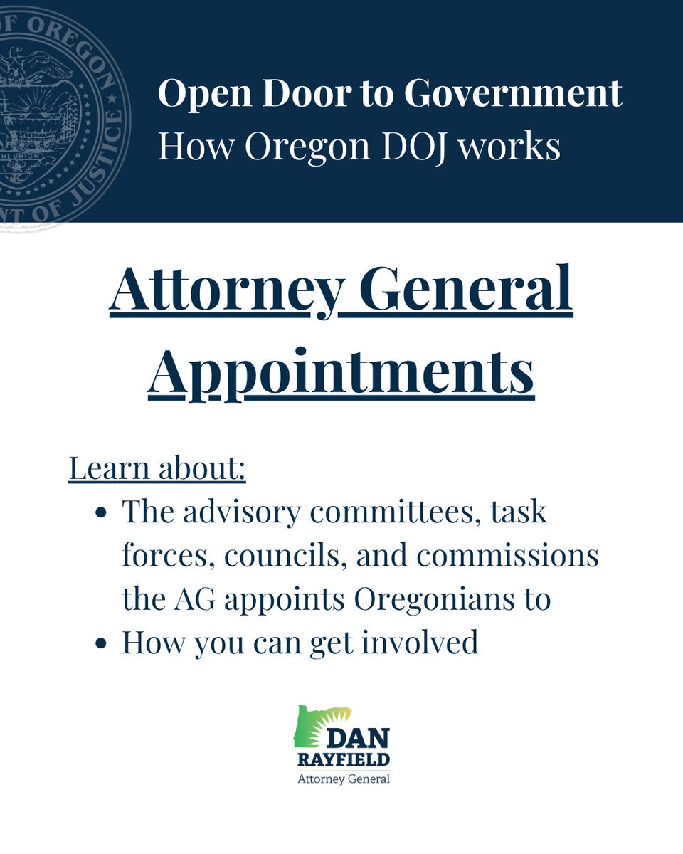AGDanRayfield's tweet photo. The Attorney General appoints Oregonians to a number of advisory committees, task forces, councils, and commissions. 

You can learn more about each of these bodies and find information for how to get involved in our Open Door to Government toolkit: https://t.co/ZTJx09B3Ot https://t.co/mBwwG9Hpby