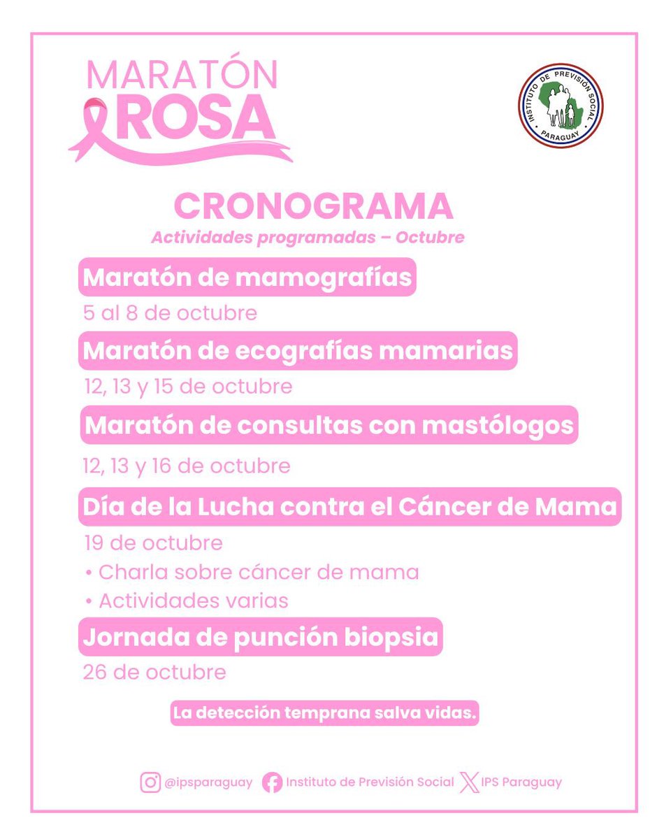 IPSParaguay's tweet photo. En el marco del Mes de la Lucha contra el Cáncer de Mama, el Hospital 12 de Junio del IPS llevará adelante la Maratón Rosa. 🩷

🎟️ 100 CUPOS DISPONIBLES PARA EL CIRCUITO DE ATENCIÓN DEL MES DE OCTUBRE.

📅 El agendamiento será únicamente el viernes 2 de octubre. https://t.co/DPJ8gp5t15