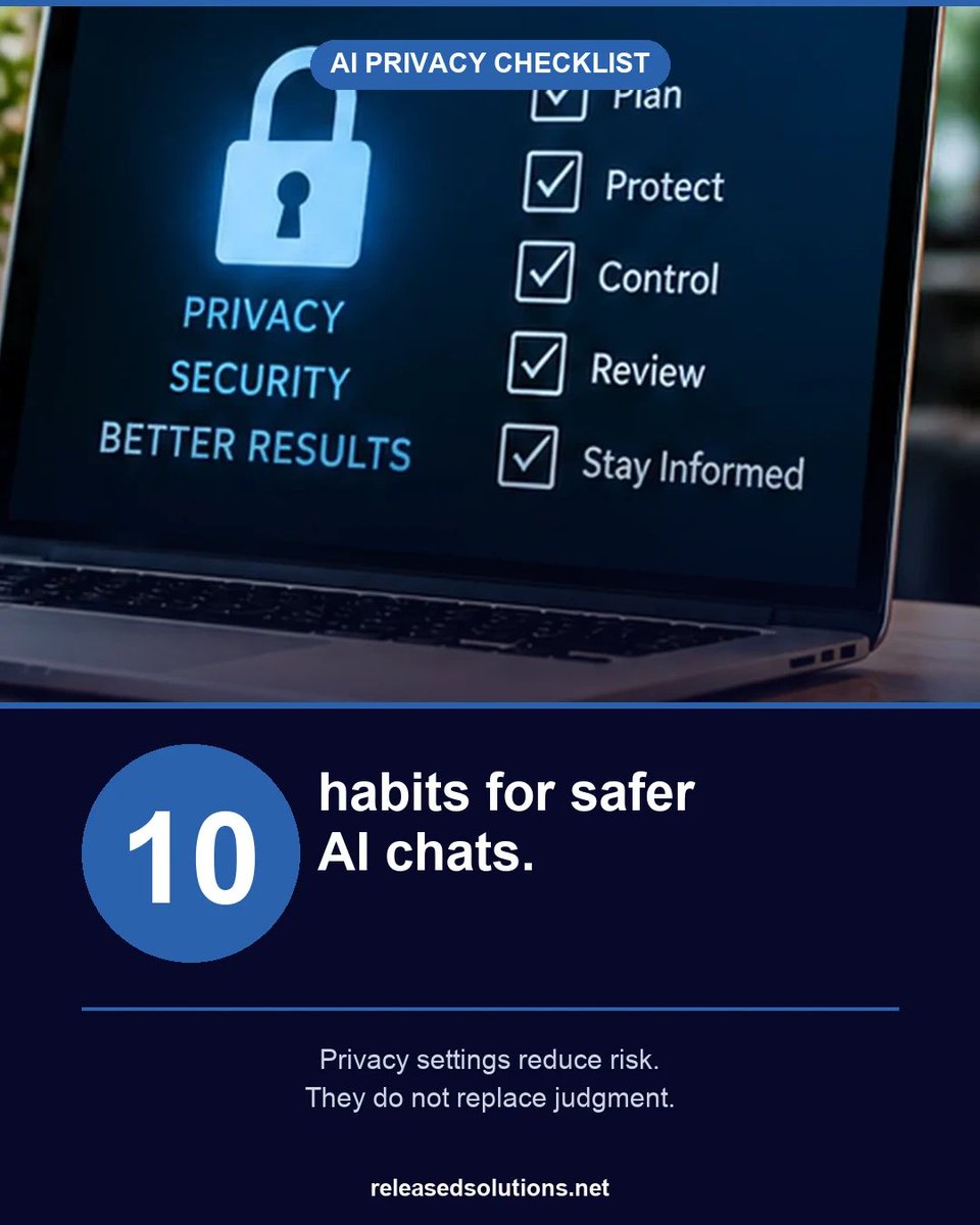 mydevopsguy's tweet photo. AI can be an incredibly useful coworker.

But an AI chat should not be treated like a locked private filing cabinet.

As more small businesses use AI for client work, research, analysis, marketing, operations and automation, privacy becomes less about fear and more about good habits.

I put together 10 practical habits that can reduce avoidable risk:

- Use the right account and plan for business work
- Review model-training and data controls
- Be careful with feedback on sensitive conversations
- Treat shared links as actual sharing
- Understand Temporary Chat and memory
- Audit old shared links
- Check feature-specific controls
- Review connected apps and extensions
- Keep real secrets out of casual prompts

One point matters more than any individual setting:

Privacy settings reduce risk. They do not replace judgment.

The safest sensitive detail is often the one you never needed to upload.

Read the complete AI Privacy Checklist:
https://t.co/nBiQmRcGC7

#AIPrivacy #AIGovernance #SmallBusinessAI #DataPrivacy #ArtificialIntelligence #ReleasedSolutions