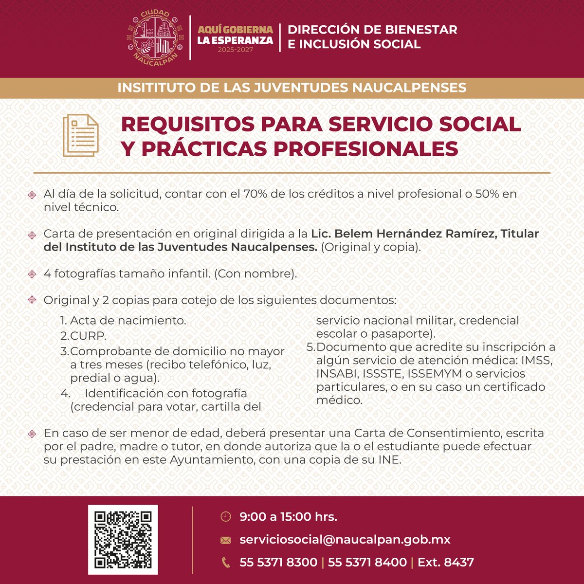 GobNau's tweet photo. ¿Buscas dónde realizar tu servicio social o prácticas profesionales?🎓
📍👉Consulta en las imágenes los requisitos, horarios y datos de contacto.
Da el siguiente paso en tu formación y pon tu talento al servicio de tu comunidad.
#AquiGobiernaLaEsperanza #Naucalpan #Juventudes https://t.co/t1EvUNvFHU