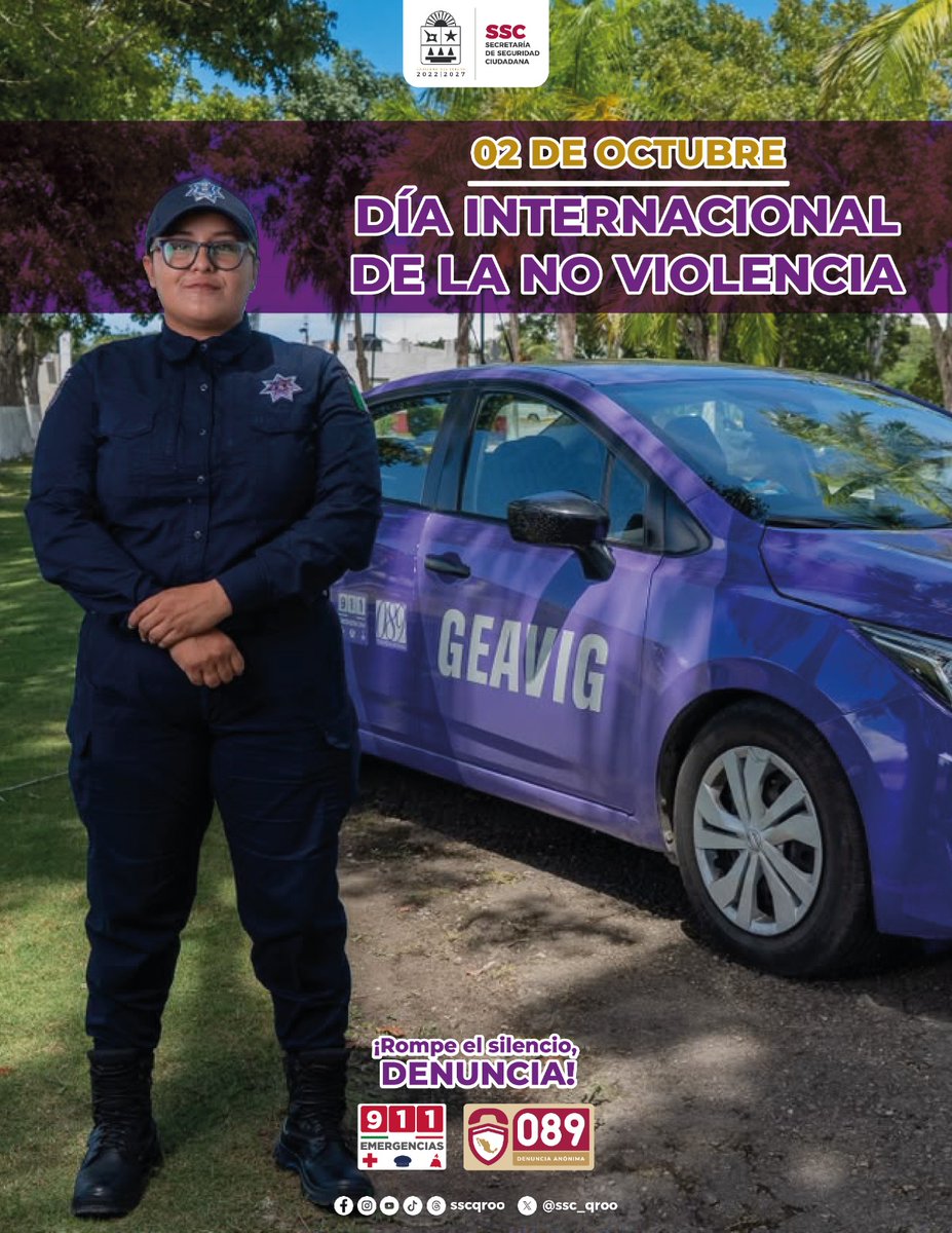 SSC_QROO's tweet photo. 🕊️💜 En el Día Internacional de la No Violencia, la SSC refuerza su compromiso de proteger, escuchar y acompañar.

A través del GEAVIG brindamos atención especializada y prevención. ¡Rompe el silencio y denuncia!

🚨 911 | 089
#ServirYProteger https://t.co/cK73Enpxj4