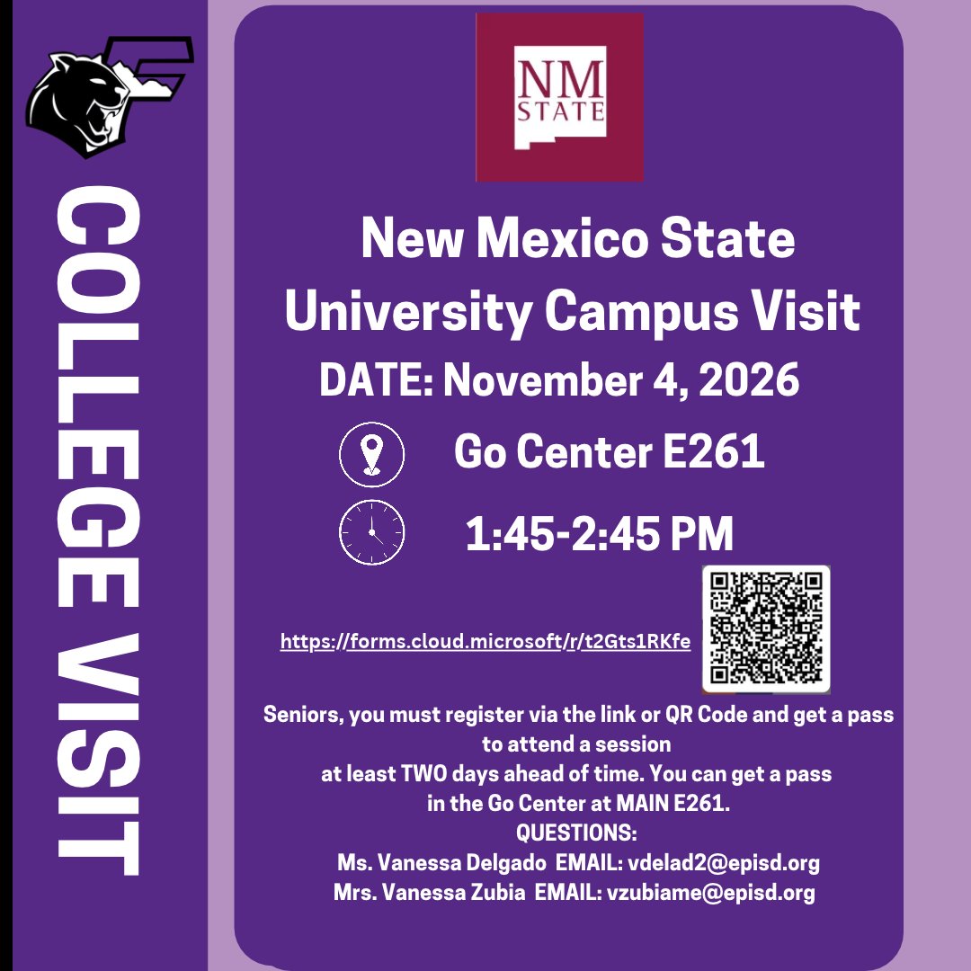 TXFHSCougars's tweet photo. Franklin Seniors! 🎓 New Mexico State University is coming to Franklin!
📅 Nov. 4 | ⏰ 1:45–2:45 PM
📍 Go Center E261
Register using the link or QR code on the flyer and pick up your pass at least 2 days before the visit.
#ClassOf2027 #CougarPowerhouse https://t.co/BIwrDeY58q