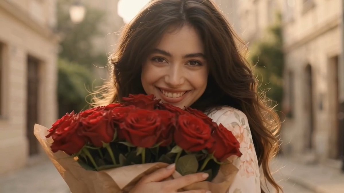 A smiling young woman with long brown hair holding a large bouquet of red roses on a sunlit street, surrounded by old buildings.