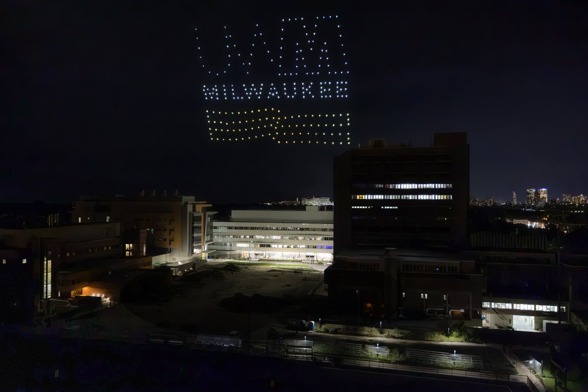 UWM's tweet photo. In honor of Chancellor Gibson's inauguration, the #UWM community celebrated with a book drive, a roller-skating disco party and a drone show, leading up to the inauguration ceremony and reception. Read more: https://t.co/K85Ygil8Xk https://t.co/M9EL7LE5mw