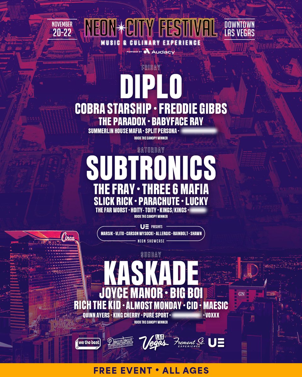 neoncityfestlv's tweet photo. The wait is OVER. ⚡️ Your official #NeonCityFestival lineup is HERE!

@diplo, @Subtronics, @kaskade and MANY MORE are taking over Downtown Las Vegas November 20–22 for three days of music, food and nonstop energy.

🔥 FREE EVENT. ALL AGES.

Who’s on your must-see list? 👇 https://t.co/FKJ5pIXbLa