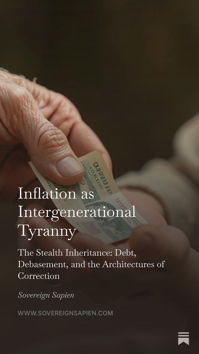 SovereignSapien's tweet photo. In 1789, Thomas Jefferson wrote to James Madison that "the earth belongs in usufruct to the living," and that no generation holds the right to bind its successors to debts they never authorized.

My new essay examines how inflation does exactly that: quietly, through the arithmetic of monetary policy, with the cost falling hardest on savers, wage earners, and children not yet born. It also lays out seven architectures of correction, from generational debt sunsets to land trusts, complementary currencies, and what I call the sovereign holarchy of value.

✒️Inflation as Intergenerational Tyranny https://t.co/6tjT6DHSO3