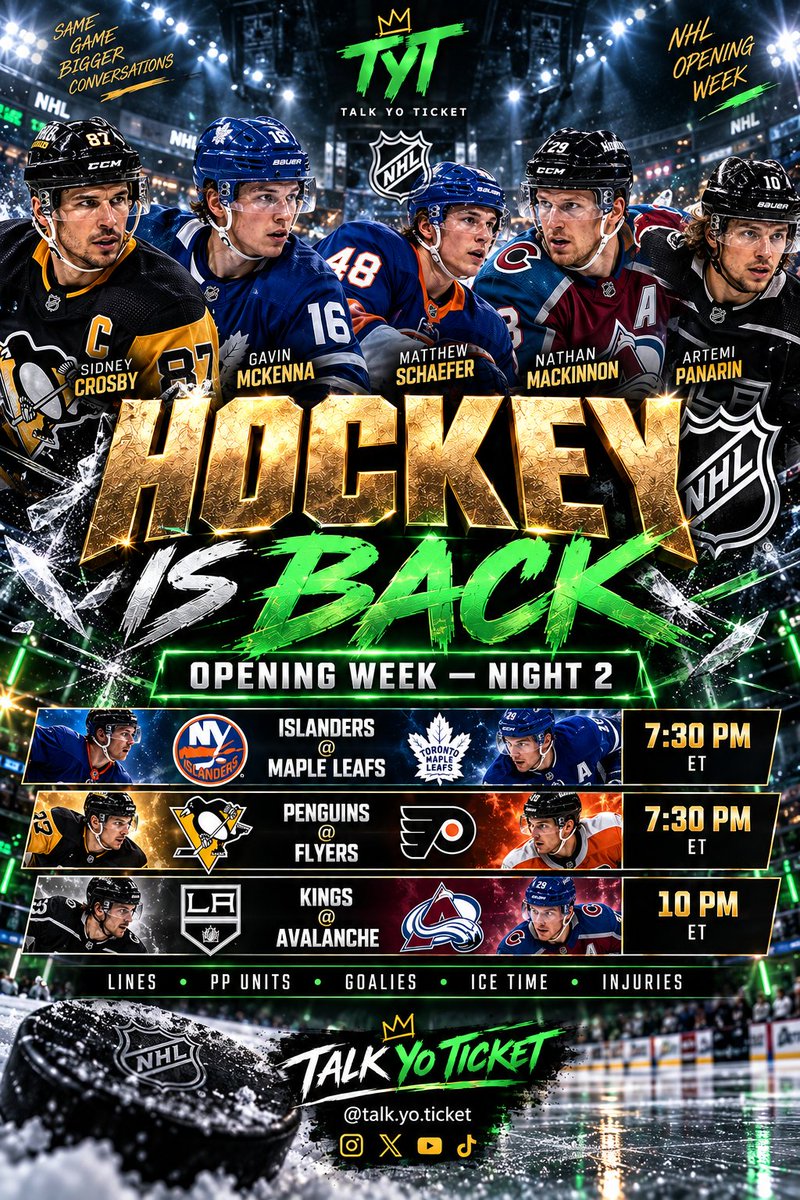 Talk_Yo_Ticket's tweet photo. π HOCKEY IS BACK.
NYI/TOR β 7:30
PIT/PHI β 7:30
LAK/COL β 10
New season = recheck everything.
Lines. PP units. Goalies. Ice time. Injuries. Matchups.
DONβT BET LAST YEARβS ROLE.
#TalkYoTicket #NHL https://t.co/vfR3VA4nBA