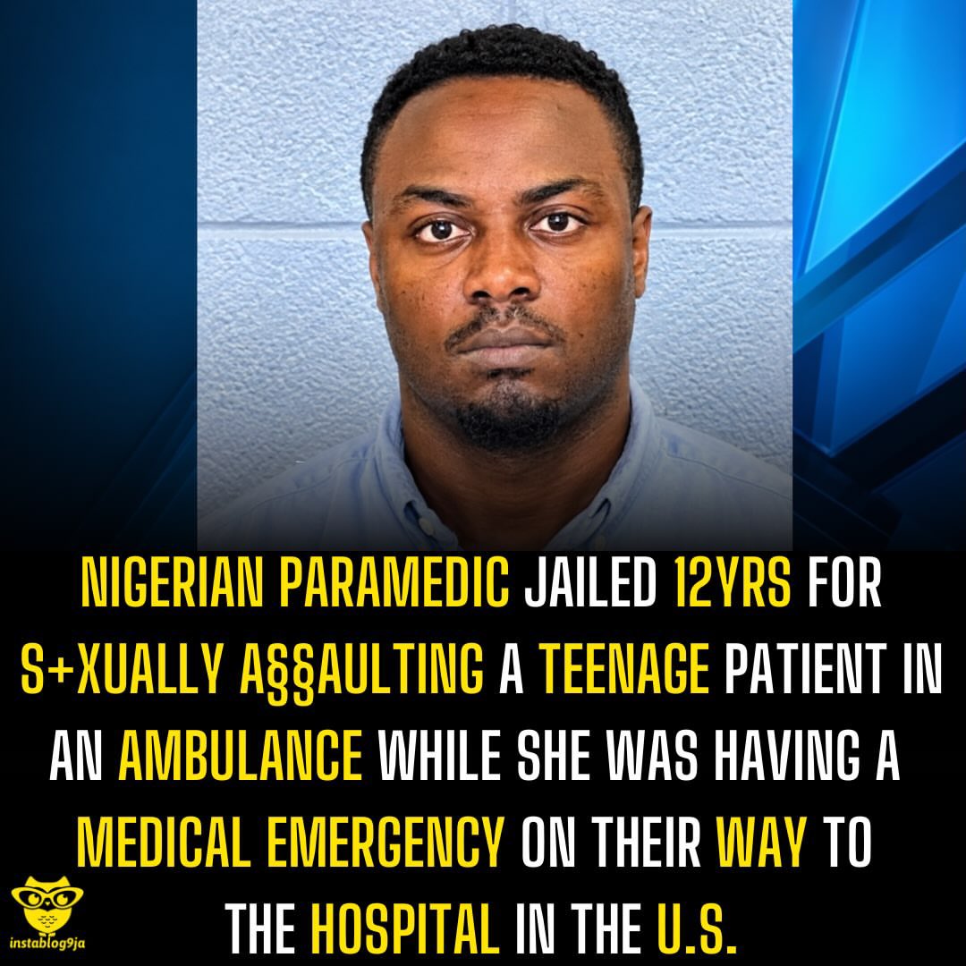 instablog9ja's tweet photo. Nigerian paramedic jailed 12yrs for s+xually a§§aulting a teenage patient in an ambulance while she was having a medical emergency on their way to the hospital in the U.S.

A Mecklenburg County jury has found a 34-year-old paramedic, Akingbiwaju Opadele, guilty of s+xually a§§aulting a teenage patient while transporting her to a hospital in an ambulance.

Opadele, who worked with Fort Mill Emergency Medical Services, was convicted of second degree forcible s+x offense and s+xual activity by a custodian following a trial that concluded earlier this month. He was sentenced to 144 months in prison and ordered to register as a s+x offender for 30 years.

Prosecutors said the incident occurred on January 17, 2023, after the victim suffered a seizure at school and was being transported by Fort Mill EMS to Atrium Health Levine Children’s Hospital.

According to an indictment, Opadele s+xually a§§aulted the teenager while she was physically helpless and mentally incapacitated.

The victim reported the a§§ault after arriving at the hospital, leading authorities to investigate and arrest Opadele in March 2023.

He was initially charged with second degree forcible s+x offense, s+xual activity by a custodian, and s+xual contact or penetration under the pretext of medical treatment. However, prosecutors dropped the medical treatment-related charge in August.

Following his arrest, Opadele posted a $15,000 bond and spent no time in jail before his conviction. As a result, he will not receive any credit for time served toward his prison sentence.