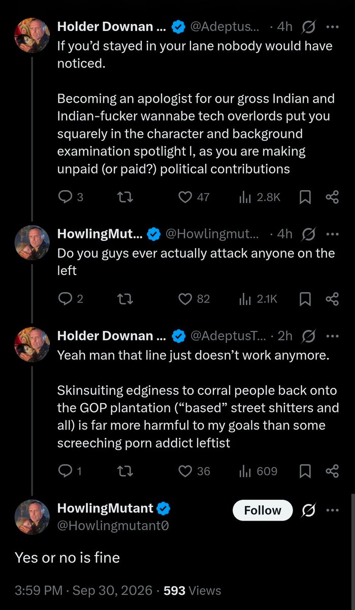 KweenInYellow's tweet photo. Apparently that Howling Mutant psycho got doxxed and now his army of groyper clone accounts are turning on him for having a brown son. Couldn't've happened to a nicer guy really. 😌 https://t.co/7mO3XPNmCk