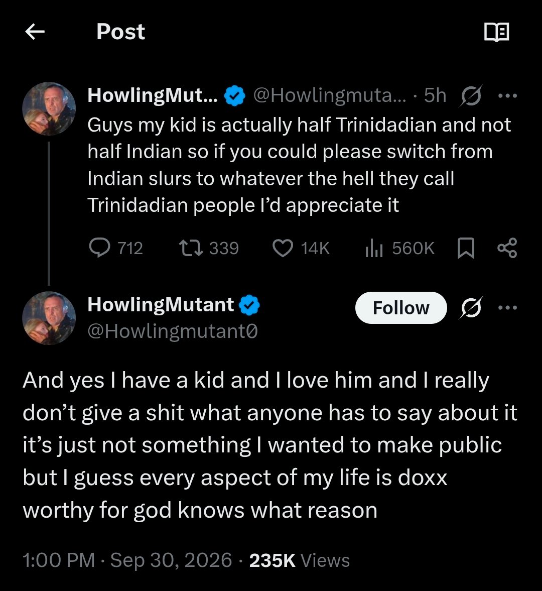 KweenInYellow's tweet photo. Apparently that Howling Mutant psycho got doxxed and now his army of groyper clone accounts are turning on him for having a brown son. Couldn't've happened to a nicer guy really. 😌 https://t.co/7mO3XPNmCk