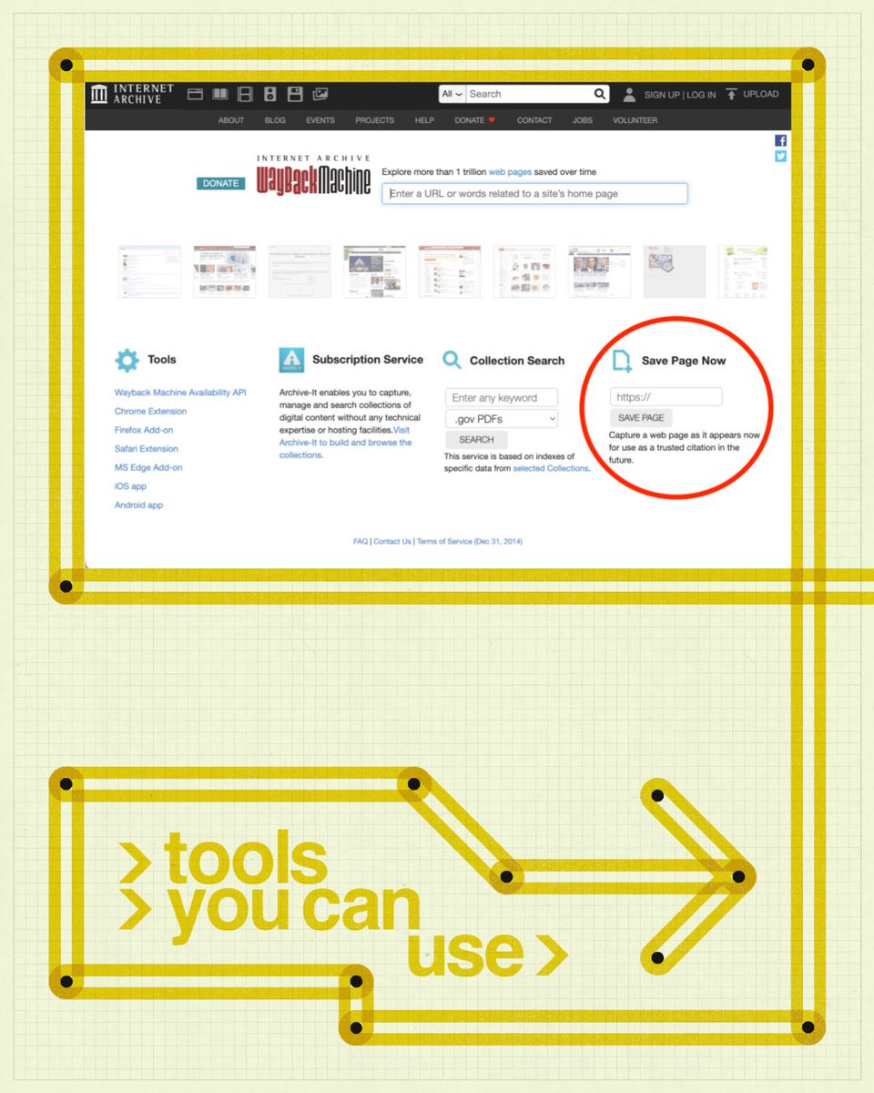 internetarchive's tweet photo. Here's a small thing you can do for the future:
🌐 Find a webpage you care about.
💾 Save it.
✔️ That's it.
One saved page becomes part of the web's shared memory. 

Try it today 👉 https://t.co/Gri0TKWjwf

#ToolsYouCanUse https://t.co/DwDJD9avnR