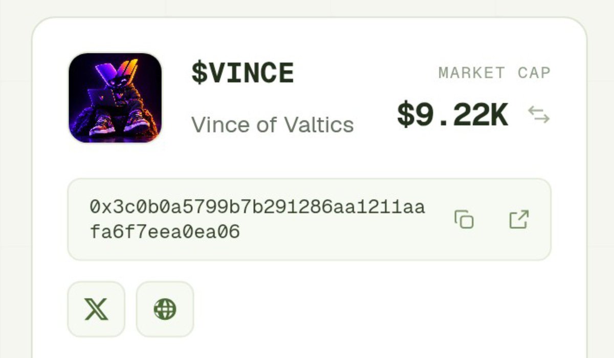 Valtics_io's tweet photo. We just launched $VINCE on @orbiodotso.

$VINCE is the agentic token for Vince, Valtics’ AI agent built around programmable markets for tokenized assets.

$VINCE fuels the agent.

CA:
[0x3c0b0a5799b7b291286aa1211aafa6f7eea0ea06] https://t.co/zMyrSNpzIB