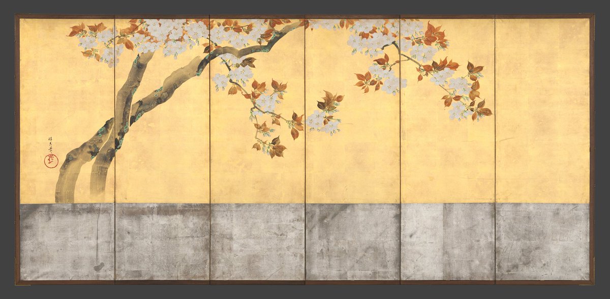 NihonBijutsushi's tweet photo. 酒井 抱一　さかい ほういつ　Sakai Hōitsu　1761–1829

《桜図屏風》
さくらずびょうぶ
Blossoming Cherry Trees

1805年頃・江戸時代
金地の紙に彩色・屏風6曲1双
ニューヨーク・メトロポリタン美術館 https://t.co/6Sn52gNcIF