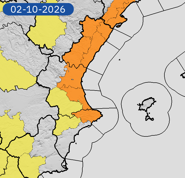 AEMET_CValencia's tweet photo. 01/10 00:06 AVISOS HOY Y MAÑANA | Comunitat Valenciana: lluvias y tormentas. Nivel máximo de aviso: naranja.
Actualizaciones en https://t.co/R3Fs2JzKgr https://t.co/K1vkospfxd