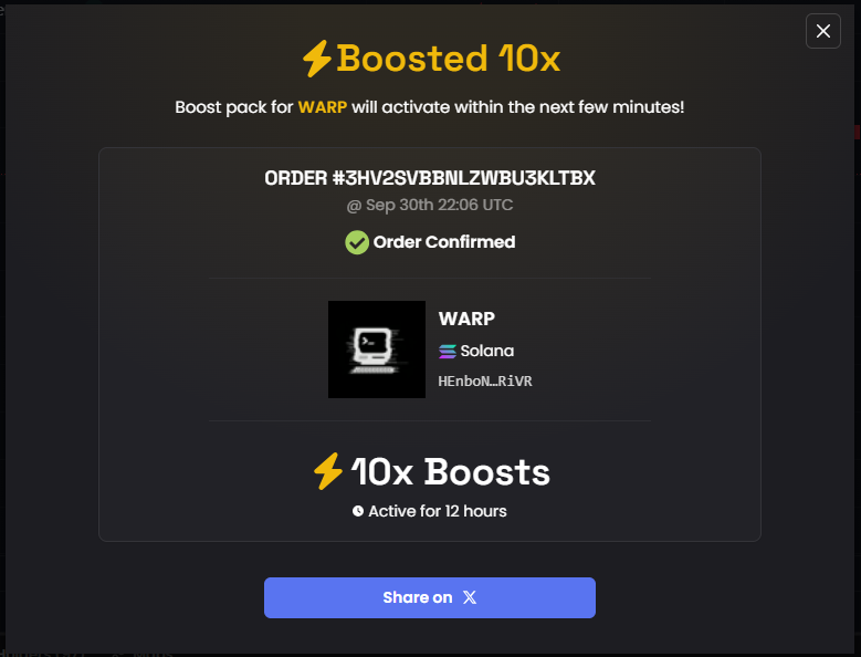 JustWarpIt's tweet photo. First 10x boost is now live on DexScreener. https://t.co/BlF7uU1QHO