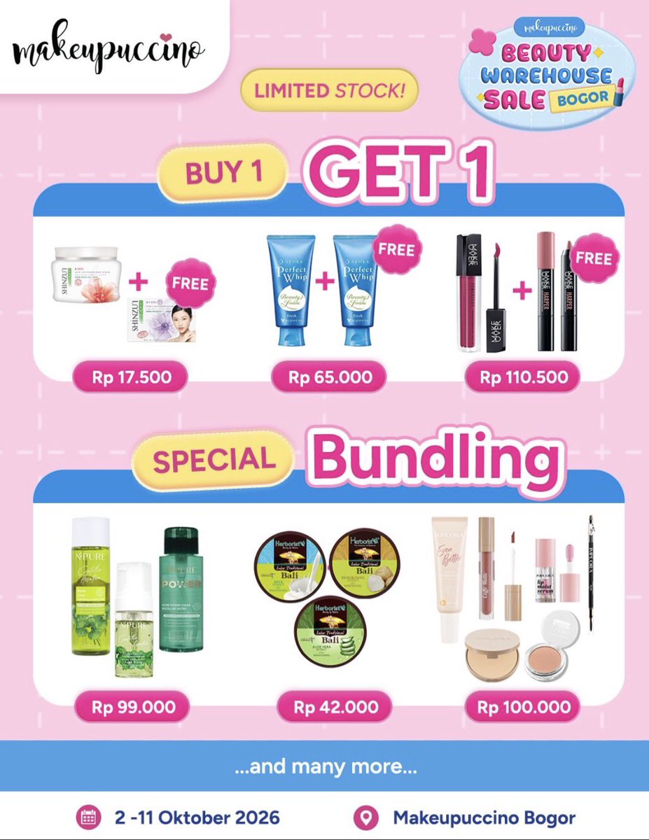 prelovedb0o's tweet photo. 🚨OPEN JASTIP MAKEUPUCCINO BOGOR 🛒💗🚨

Lagi ada Beauty Warehouse Sale 2–11 Okt! Ada barang 9.900-an, bundle, buy 1 get 1, diskon up to 55% 😭✨

Jastip 5K/item + ongkir
📩 DM info lebih lanjut! 

#zonauang
#jastip https://t.co/nn2a29hWkM
