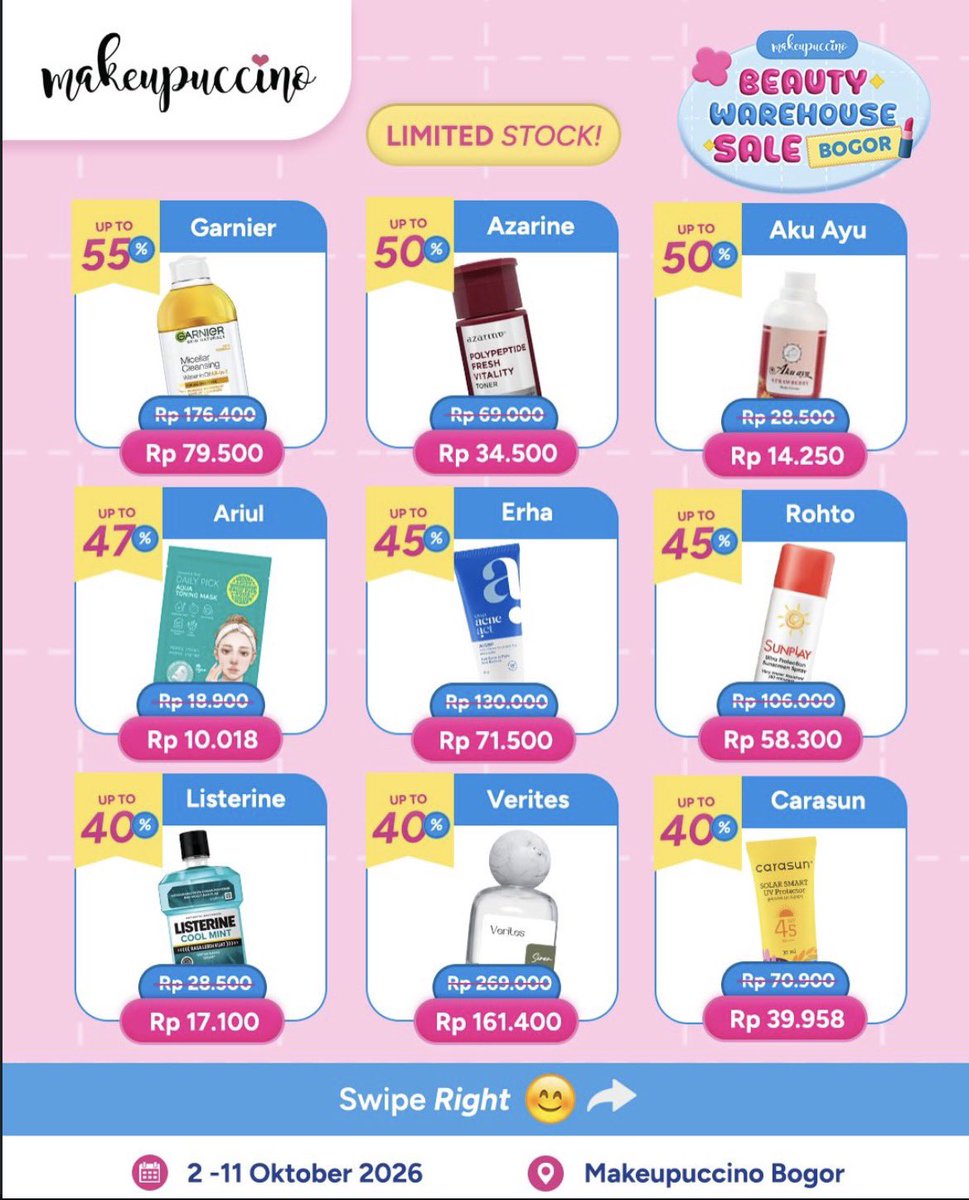 prelovedb0o's tweet photo. 🚨OPEN JASTIP MAKEUPUCCINO BOGOR 🛒💗🚨

Lagi ada Beauty Warehouse Sale 2–11 Okt! Ada barang 9.900-an, bundle, buy 1 get 1, diskon up to 55% 😭✨

Jastip 5K/item + ongkir
📩 DM info lebih lanjut! 

#zonauang
#jastip https://t.co/nn2a29hWkM