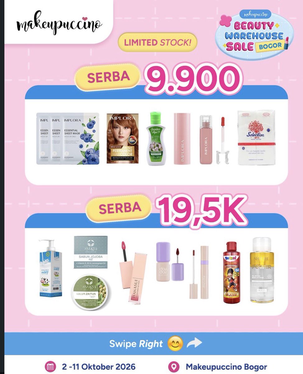 prelovedb0o's tweet photo. 🚨OPEN JASTIP MAKEUPUCCINO BOGOR 🛒💗🚨

Lagi ada Beauty Warehouse Sale 2–11 Okt! Ada barang 9.900-an, bundle, buy 1 get 1, diskon up to 55% 😭✨

Jastip 5K/item + ongkir
📩 DM info lebih lanjut! 

#zonauang
#jastip https://t.co/nn2a29hWkM