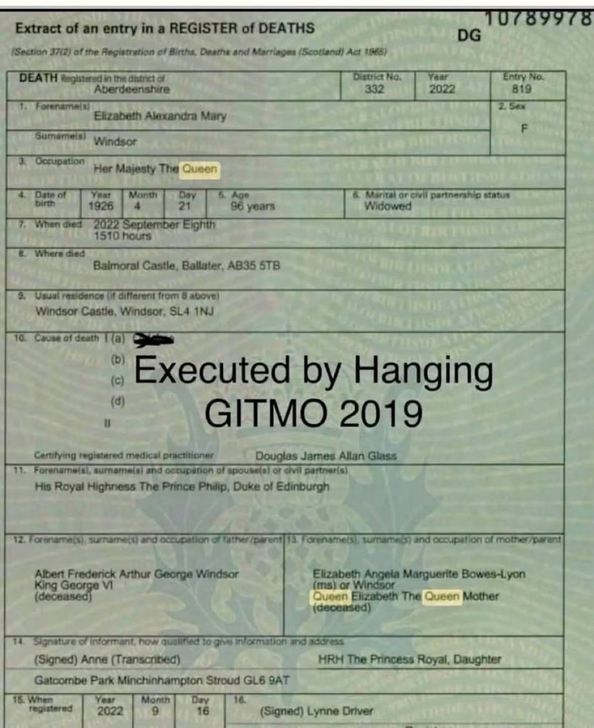 PastorBobJ67896's tweet photo. The Queen's Death Certificate‼️

Difficult for the majority to understand https://t.co/i7xnfIlFg4