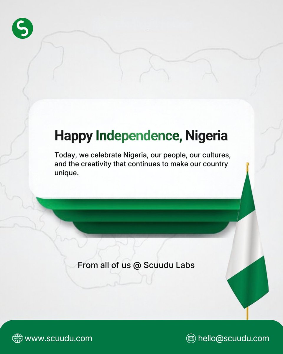 Scuudu1's tweet photo. Happy Independence Day, Nigeria! 🇳🇬💚 

#ScuuduLabs #IndependenceDay #Nigeria #October1 https://t.co/cR9EI73VwQ