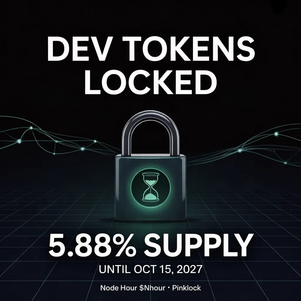 nodehour's tweet photo. 🔒 Dev tokens locked for 1+ year  

100% of the dev allocation of $NHOUR is now locked on PinkLock: 
Unlocks: Oct 15, 2027. no vesting, no early release 

• Lock record: https://t.co/4aiTFtVciX
• Lock tx: https://t.co/7mo1Cuhde1 https://t.co/VHLX7AEgMl