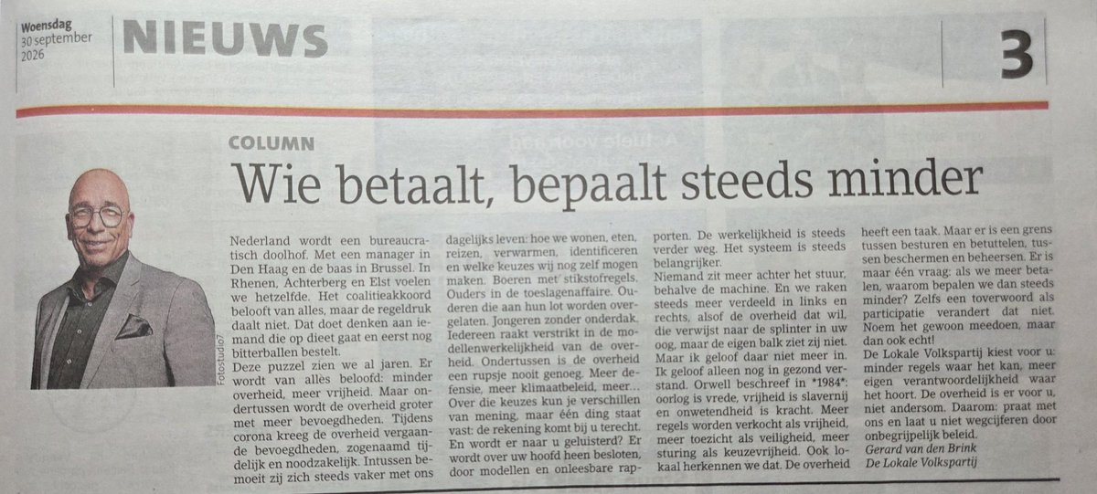 gdorus1's tweet photo. Als raadslid in Rhenen sta ik voor vrijheid, eigen verantwoordelijkheid en vrijwillige samenwerking. De overheid grijpt alleen in als het nodig is. Bij conflicten zoek ik vreedzame oplossingen, met oog voor vrijheid. Mijn eerste column lees je in De Rijnpost. https://t.co/CFn06totcd