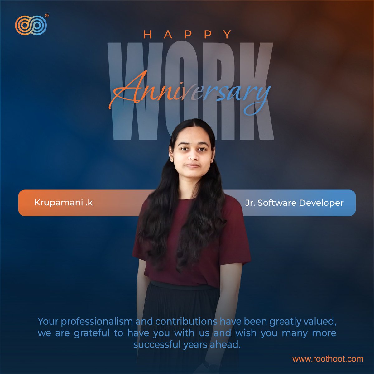 roothootco's tweet photo. Happy Work Anniversary, Krupamani K.!

Your dedication and contributions are truly appreciated. Wishing you continued growth, success, and many more milestones ahead! 

#Roothoot #WorkAnniversary #TeamRoothoot #EmployeeRecognition https://t.co/RdMPsvIcr2