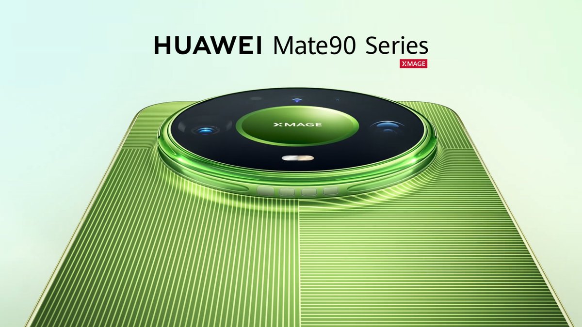A green HUAWEI Mate90 Series smartphone with a distinctive circular XMAGE camera module and ridged back panel is displayed against a light gradient background, with the text "HUAWEI Mate90 Series" and XMAGE logo visible at the top.