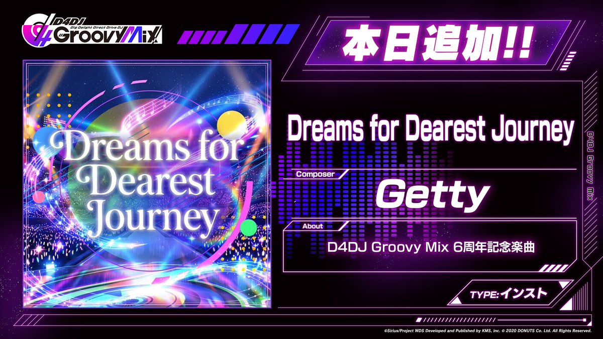 D4DJ_gm's tweet photo. 🎊楽曲追加第一弾🎊
🎵6周年記念楽曲
「Dreams for Dearest Journey」

🎵イベント連動楽曲
「MAXIMUM RIOT」
を追加いたしました✨

楽曲制作はそれぞれ Gettyさん、DJ Genkiさん！

#グルミク6周年 開幕です！

#D4DJ #tanoc https://t.co/nalcjctMPa