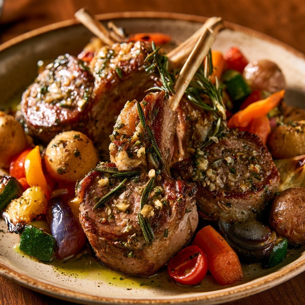 SpoonandSoul's tweet photo. ROSEMARY LAMB & ROASTED GARDEN HARVEST 🥕🌿🥩🥔
"Tender lamb, golden veggies, pure comfort"
Servings: 3
Ingredients
For the lamb:
6 lamb chops
3 tbsp olive oil
4 cloves garlic, minced
2 tbsp fresh rosemary, chopped
1 tsp dried thyme
1 tbsp lemon juice
1 tsp honey
Salt and freshly ground black pepper, to taste

For the roasted vegetables:
500 g baby potatoes, halved
2 carrots, cut into chunks
1 zucchini, sliced
1 red bell pepper, chopped
1 yellow bell pepper, chopped
1 red onion, quartered
200 g cherry tomatoes
2 tbsp olive oil
1 tsp rosemary
Salt and pepper, to taste

Method
Marinate the lamb: 
Mix olive oil, garlic, rosemary, thyme, lemon juice, honey, salt, and pepper. Coat the lamb chops well and marinate for 30 minutes.
Roast the vegetables:
 Heat oven to 200°C (400��F). Toss potatoes, carrots, zucchini, peppers, onion, and tomatoes with olive oil, rosemary, salt, and pepper. Roast for 30–35 minutes, turning halfway.
Cook the lamb:
 Heat a skillet or grill over medium-high heat. Sear the lamb chops for about 3–4 minutes per side, or until cooked to your preferred doneness.
Rest: 
Transfer the lamb to a plate and let it rest for 5 minutes.
Serve:
 Arrange the golden roasted vegetables on a platter, place the rosemary lamb on top, and garnish with fresh rosemary and a squeeze of lemon. 🥕🌿🥩🥔