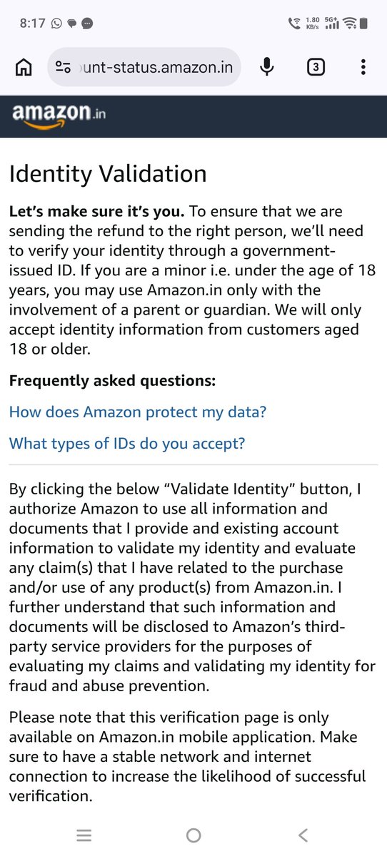 DeepakP271090's tweet photo. @AmazonHelp I received one sms which is prompting me to give my KYC details. You are supposed to issue refund to original source of payment. If for getting payment you did not verify my age or identity then why for refund ? Anyway every data is stored in Amazon app. https://t.co/vZjuVsavZV