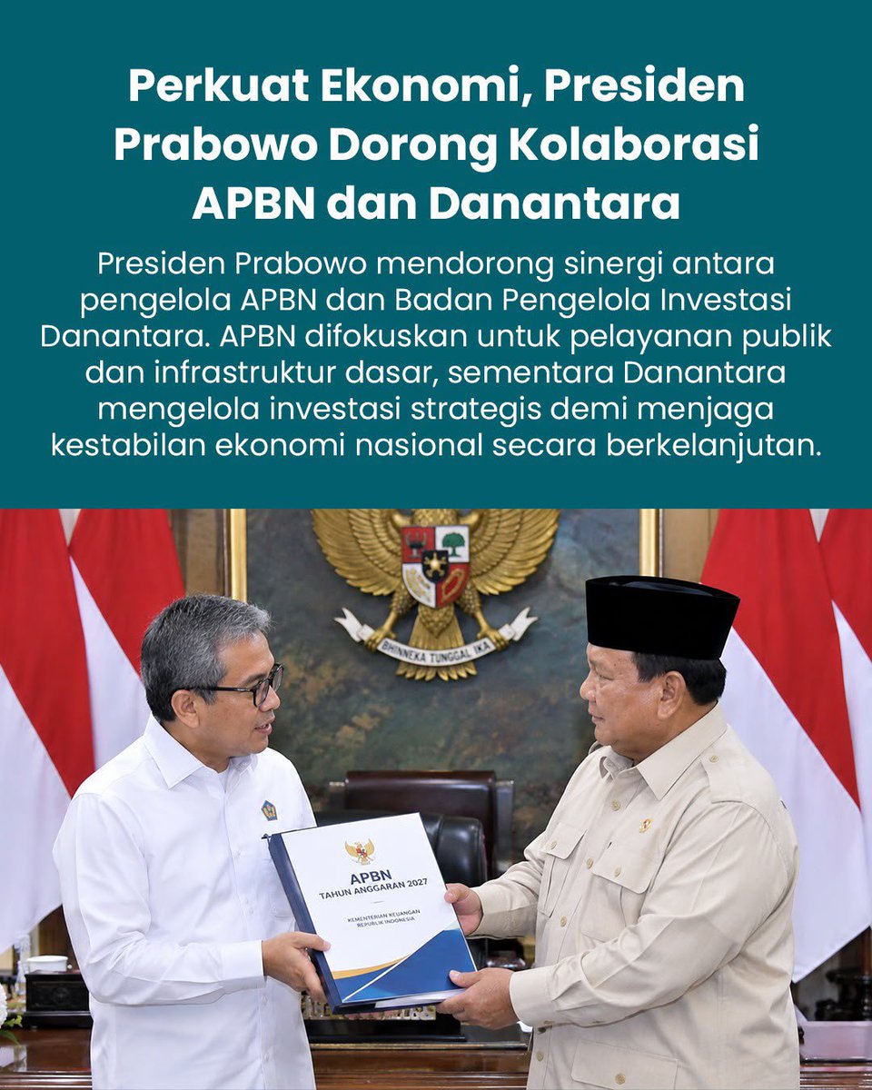 junedhasann's tweet photo. presiden prabowo dorong kolaborasi apbn dan danantara untuk perkuat ekonomi, #EfisiensiAPBN2027
Maksimalkan Kesejahteraan Rakyat https://t.co/8BGnOGhivx