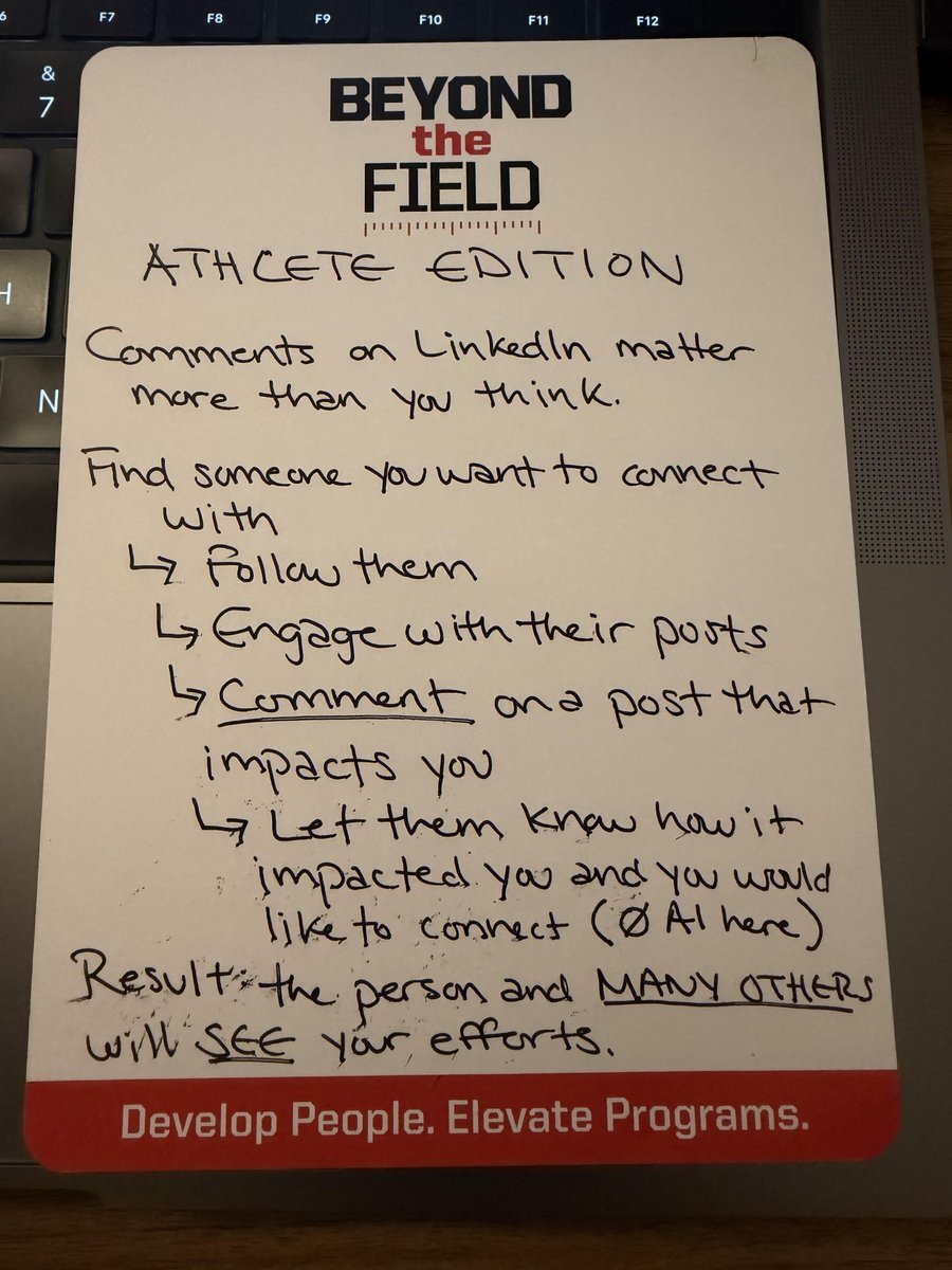 BTF_Program's tweet photo. ATHLETES: Want to build your LinkedIn network authentically?

Follow professionals in your desired industry and leave thoughtful comments on posts that genuinely help you. Add to the conversation and use your own words.

Visibility starts with participation. #BeyondTheField https://t.co/OUShNUItTr