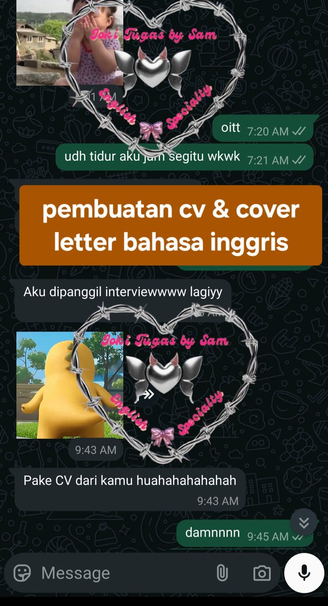 JokiSammy's tweet photo. @sdgnangis hmuu➡️ dah sering handle cv ats, banyak testi dikerjain sama lulusan ptn jadi ga asal, start 25k yuu diskusiin dulu, cek testi di https://t.co/uorLsx43Bn ✨️���️ https://t.co/FHLUoKLp6E