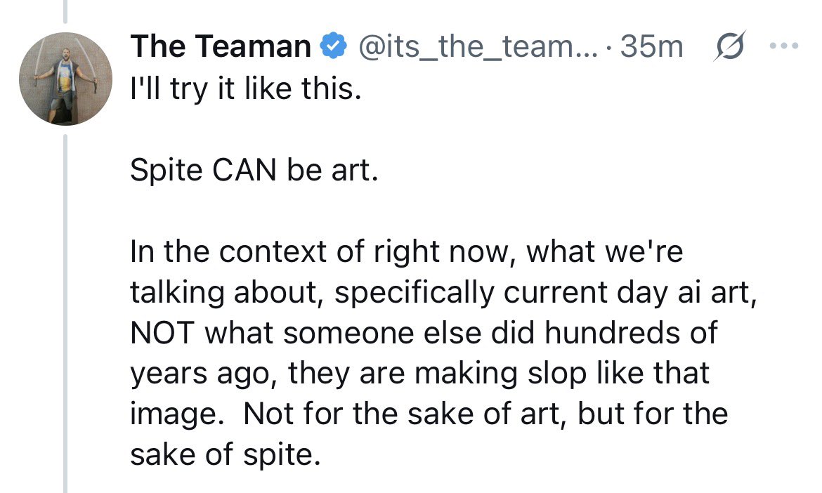 whimsy87's tweet photo. @its_the_teaman @Leaflit She made a singular argument addressing one point, about making art with spiteful intentions. You disagreed with that point, called it terrible, but now you agree with it. What a beautiful performative contradiction, or a rapidly changing and growing mind. https://t.co/DPOsFfuzcR