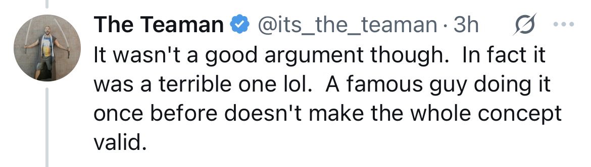 whimsy87's tweet photo. @its_the_teaman @Leaflit She made a singular argument addressing one point, about making art with spiteful intentions. You disagreed with that point, called it terrible, but now you agree with it. What a beautiful performative contradiction, or a rapidly changing and growing mind. https://t.co/DPOsFfuzcR