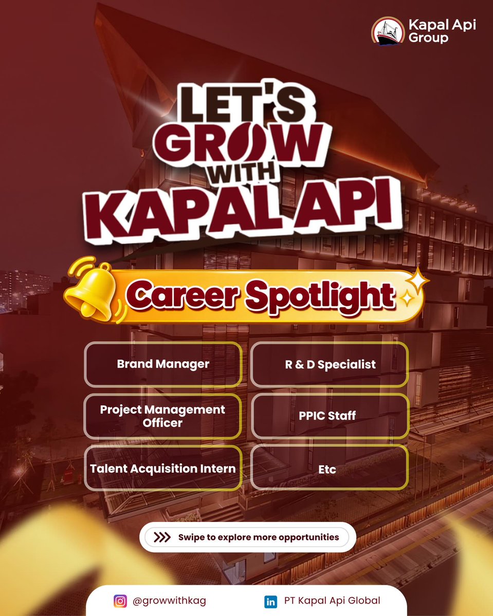 karirspace's tweet photo. Lowongan Kerja di PT Kapal Api Global!

16 Posisi dibuka, mulai magang sampai full-time. Detail lowongan dan link pendaftaran bisa diakses melalui 
https://t.co/uUwOMrYGf8 https://t.co/aow3hePKYl