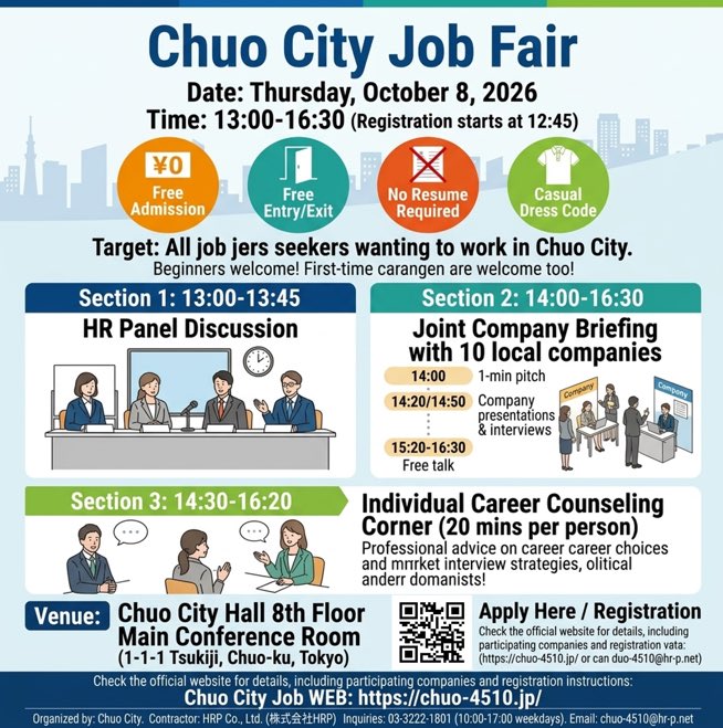 chuo_4510's tweet photo. Want to work in Japan? Chuo City Job Fair is on Oct 8! ✨ Free, no
resume needed, casual dress OK. Meet 10 companies, join an HR panel &amp; get
career advice. No experience required! Everyone is welcome! 🙌
HP: https://t.co/t8qA9zJrY4
#JapanJobs #TokyoJobs #JobFair https://t.co/oyuXf3fD3g
