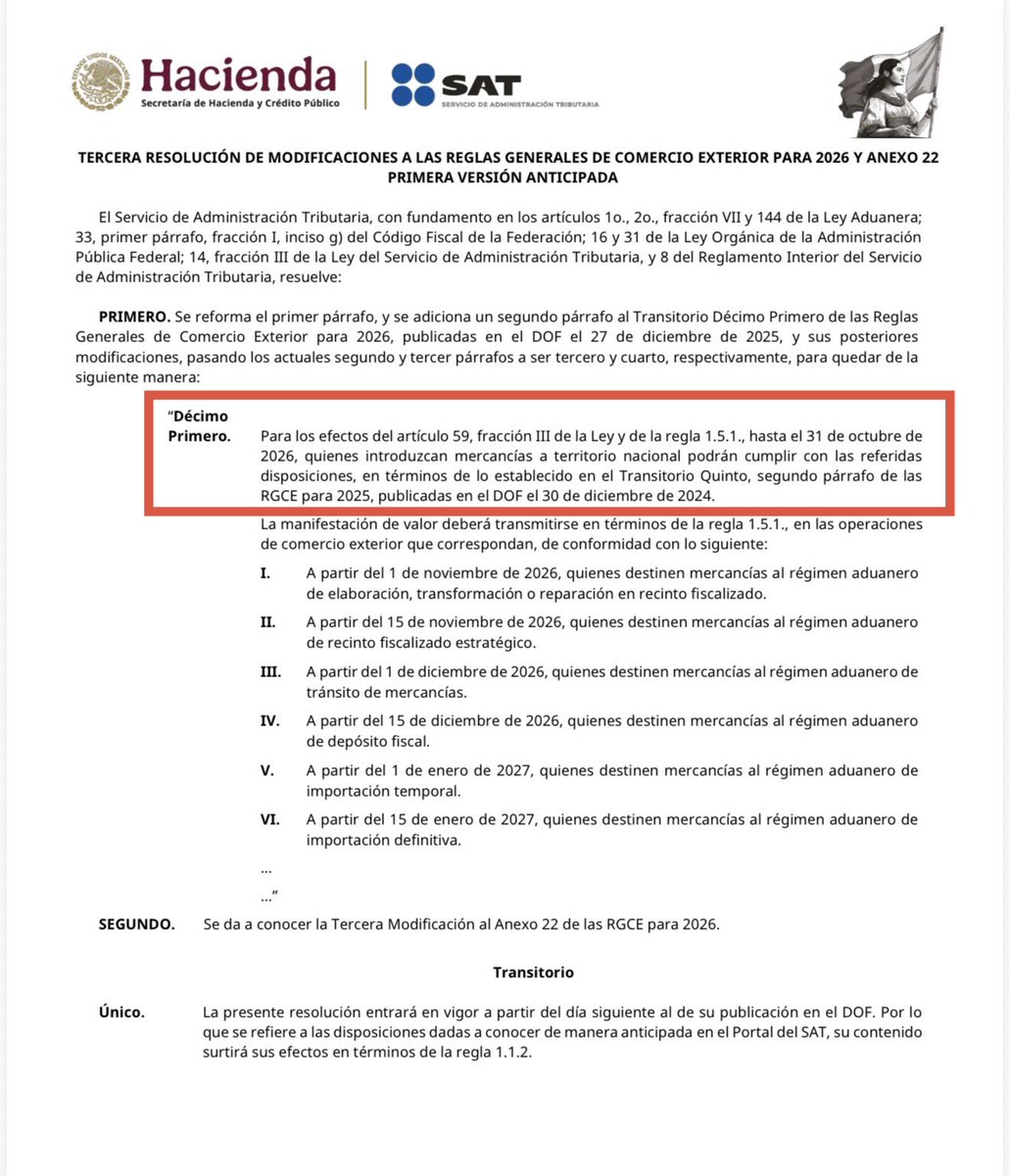 LuisPadronV's tweet photo. 🔴 #AlertaFiscal | SAT ESCALONA LA MANIFESTACIÓN DE VALOR

¿Tu empresa importa mercancías?

El SAT establece nuevas fechas según el régimen:

📌 Importación temporal: 1 enero 2027
📌 Importación definitiva: 15 enero 2027

#LaVozdelFiscalista https://t.co/U6wBgH2onx