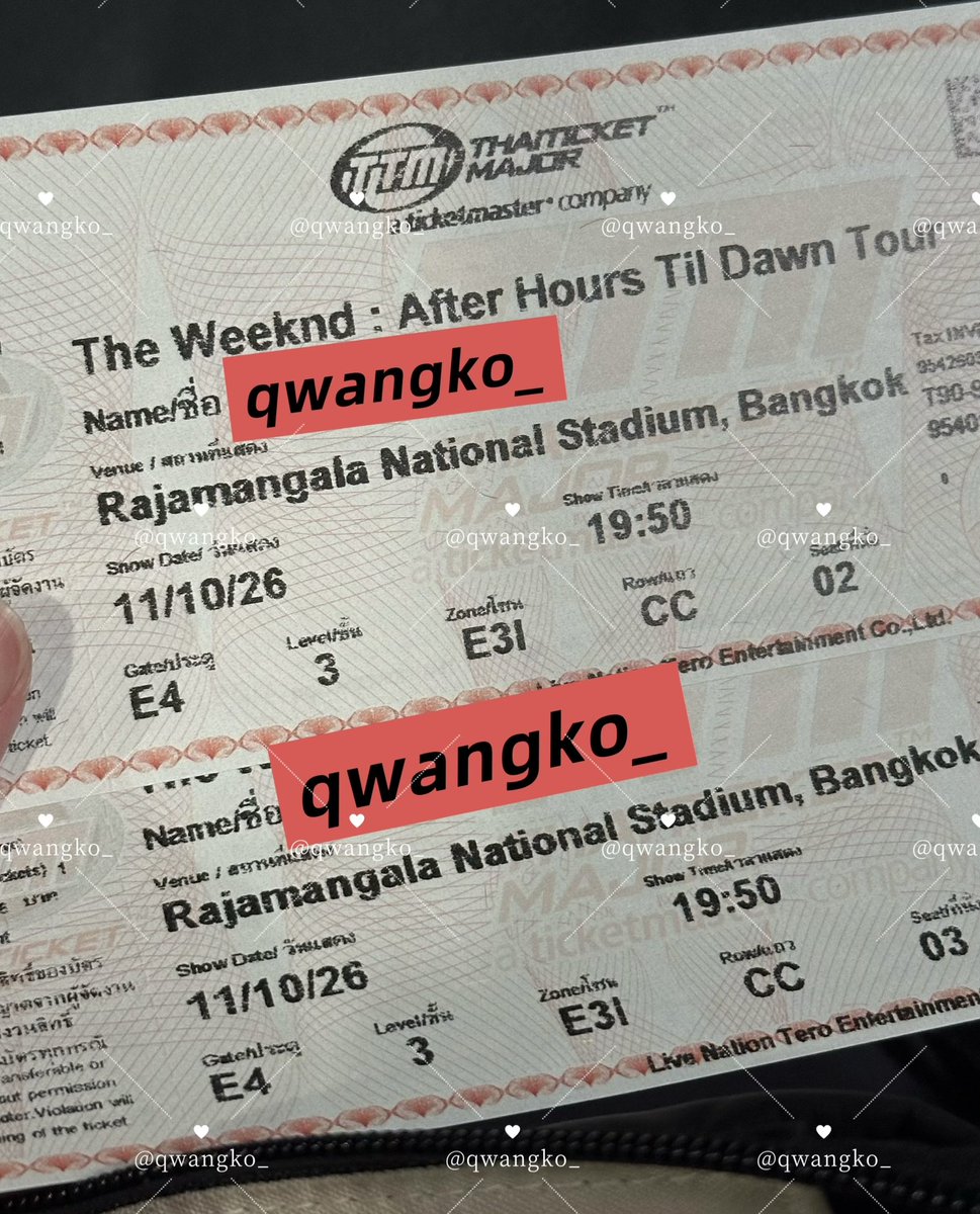 qwangko_'s tweet photo. ขายบัตรคอนเสิร์ต The Weeknd วันที่ 11
ที่นั่งแถว E3I 2 ใบติดกัน
ราคาขายตามหน้าบัตร
📌 นัดรับบีทีเอสสีเขียวได้ค่ะ

#Theweeknd #AfterHoursTilDawnTour
#AfterHoursTilDawnTourBkk #2ng1ns
#TheWeekndLivelnBangkok https://t.co/iHPBGCd2KW