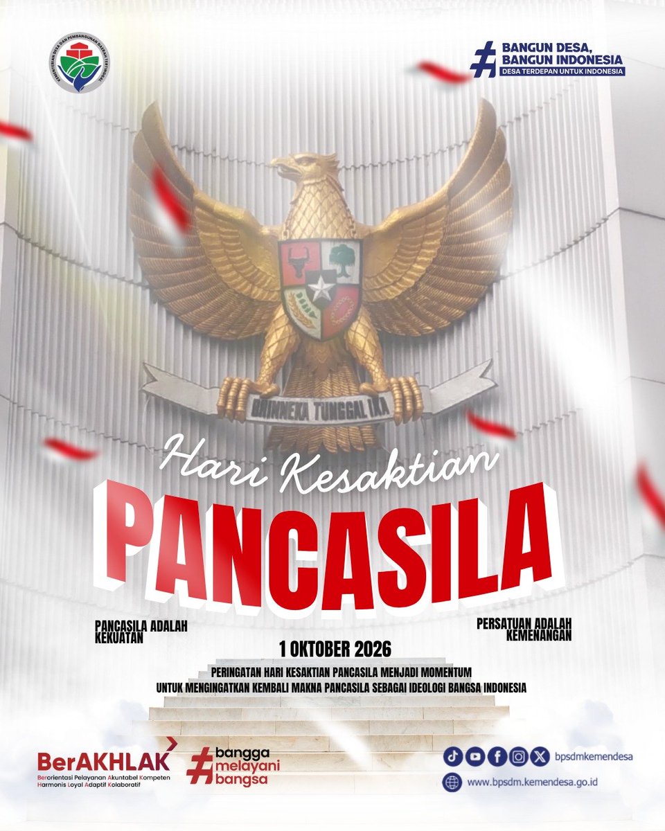 bpsdmkemendesa's tweet photo. 🇮🇩 Selamat Hari Kesaktian Pancasila!

1 Oktober 2026 menjadi momentum untuk kembali menghayati nilai-nilai Pancasila sebagai ideologi dan kekuatan bangsa.

Mari jadikan Pancasila sebagai landasan dalam memperkuat persatuan, menjaga kebersamaan, dan membangun Indonesia yang maju https://t.co/JCV7TyuaMi