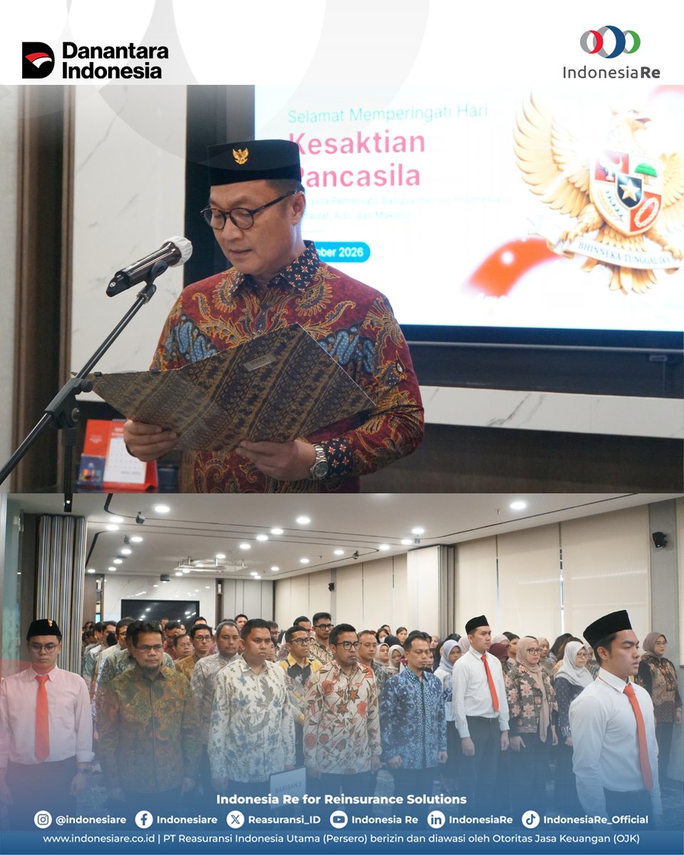 Reasuransi_ID's tweet photo. Indonesia Re Melaksanakan Upacara dalam rangka Memperingati Hari Kesaktian Pancasila 1 Oktober 2026 yang dipimpin oleh Bapak R. Muhammad Irwan, Direktur Kepatuhan, Legal &amp; SDM dan diikuti seluruh Karyawan Indonesia Re.

#IndonesiaRe
#Reinsurance
#Reasuransi https://t.co/J93YWm24cS
