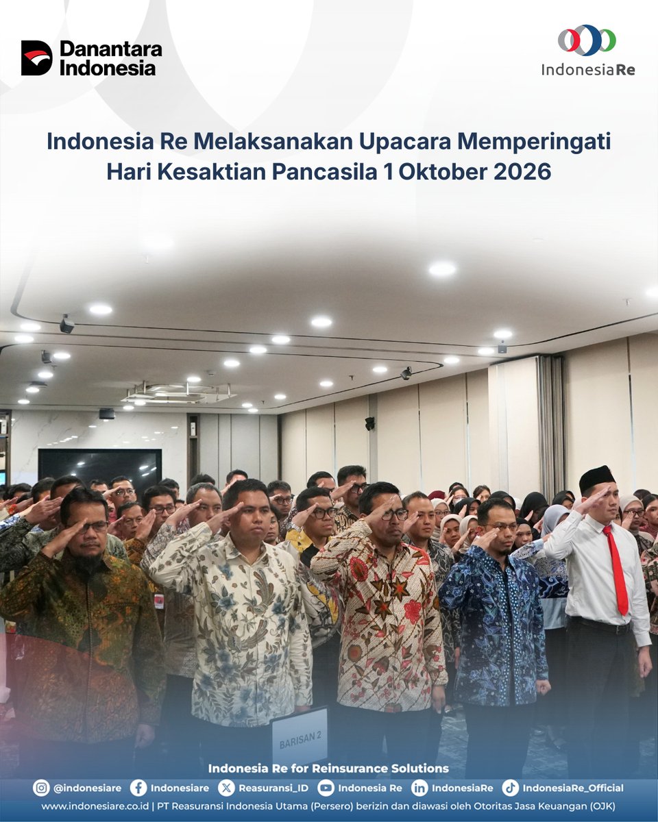Reasuransi_ID's tweet photo. Indonesia Re Melaksanakan Upacara dalam rangka Memperingati Hari Kesaktian Pancasila 1 Oktober 2026 yang dipimpin oleh Bapak R. Muhammad Irwan, Direktur Kepatuhan, Legal &amp; SDM dan diikuti seluruh Karyawan Indonesia Re.

#IndonesiaRe
#Reinsurance
#Reasuransi https://t.co/J93YWm24cS