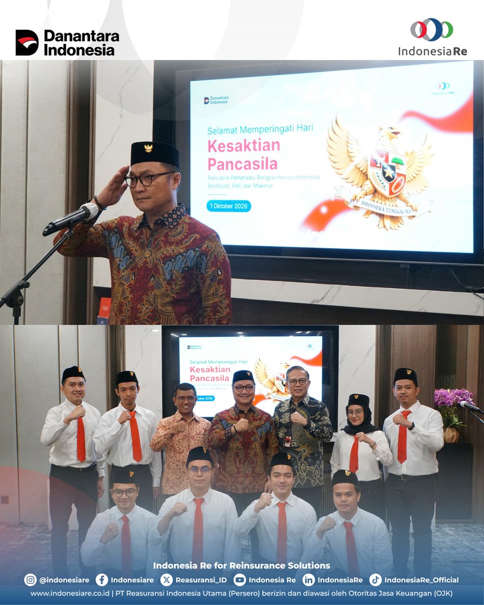 Reasuransi_ID's tweet photo. Indonesia Re Melaksanakan Upacara dalam rangka Memperingati Hari Kesaktian Pancasila 1 Oktober 2026 yang dipimpin oleh Bapak R. Muhammad Irwan, Direktur Kepatuhan, Legal &amp; SDM dan diikuti seluruh Karyawan Indonesia Re.

#IndonesiaRe
#Reinsurance
#Reasuransi https://t.co/J93YWm24cS